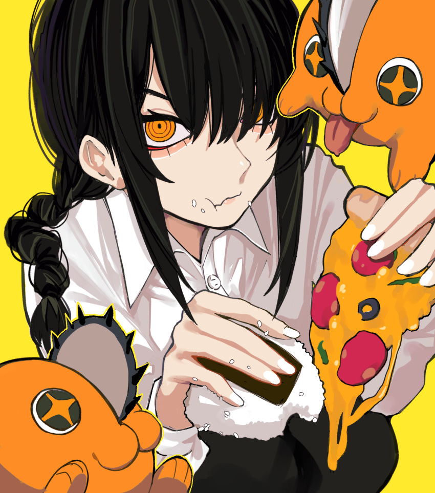 1girl :3 black_hair black_pants braid braided_ponytail chainsaw chainsaw_man food food_in_mouth food_on_face hair_over_one_eye hair_over_shoulder highres holding holding_food holding_pizza looking_at_viewer medium_hair nayuta_(chainsaw_man) onigiri orange_eyes pants pizza pochita_(chainsaw_man) ringed_eyes sailen0 shirt sidelocks simple_background tongue tongue_out wavy_mouth white_shirt yellow_background