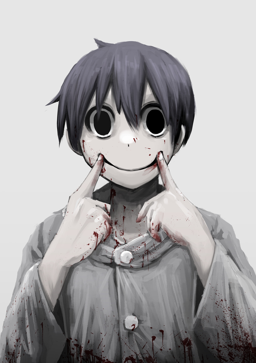 1boy black_eyes black_hair blood blood_on_clothes blood_on_hands blood_splatter closed_mouth colored_skin commentary_request empty_eyes forced_smile grey_background highres long_sleeves looking_at_viewer male_focus nekonekosan_(kemushima3) original shirt short_hair simple_background smile solo upper_body white_shirt white_skin