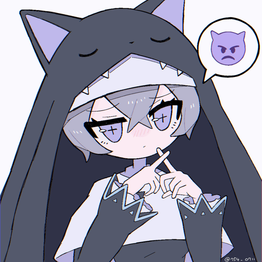 1girl animal_ears animal_hood cat_ears demon_emoji digimon digimon_(creature) hat highres hood nagoshi nun purple_eyes short_hair simple_background sistermon_noir solo speech_bubble upper_body white_background white_hair