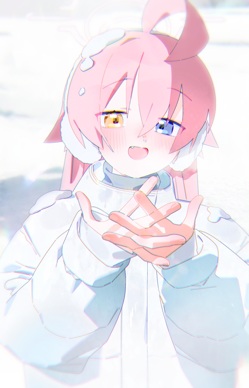 1girl absurdres ahoge blue_archive blue_eyes blush bm_tol earmuffs fang hair_between_eyes heterochromia highres hoshino_(blue_archive) jacket long_hair long_sleeves open_mouth pink_hair smile snow solo upper_body white_jacket yellow_eyes