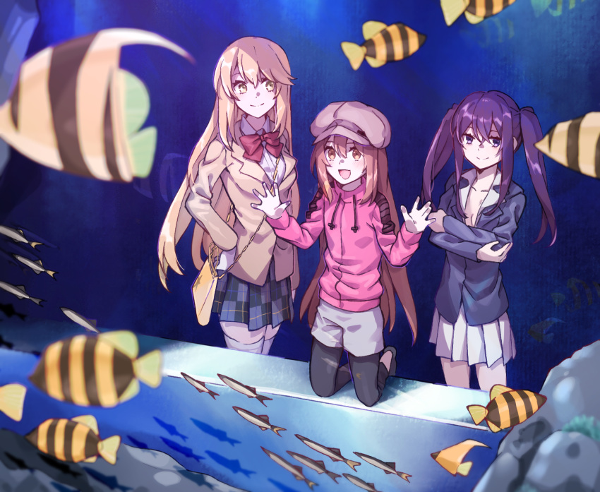 3girls :d aquarium black_skirt blazer blue_jacket bow bowtie brown_eyes brown_hair brown_jacket casual collared_jacket collared_shirt commentary_request crossed_arms crossed_bangs dolly_(toaru_kagaku_no_railgun) fish grey_shorts hair_between_eyes hand_on_glass hand_on_own_hip highres jacket kneeling kouzaku_mitori leggings_under_shorts long_hair looking_at_animal looking_at_another multiple_girls nanaheibei_3 pink_headwear pink_jacket plaid plaid_skirt pleated_skirt purple_eyes purple_hair red_bow red_bowtie school_uniform shirt shokuhou_misaki short_shorts shorts skirt smile sparkling_eyes standing thighhighs toaru_kagaku_no_railgun toaru_majutsu_no_index tokiwadai_school_uniform twintails white_shirt white_skirt white_thighhighs winter_uniform yellow_eyes