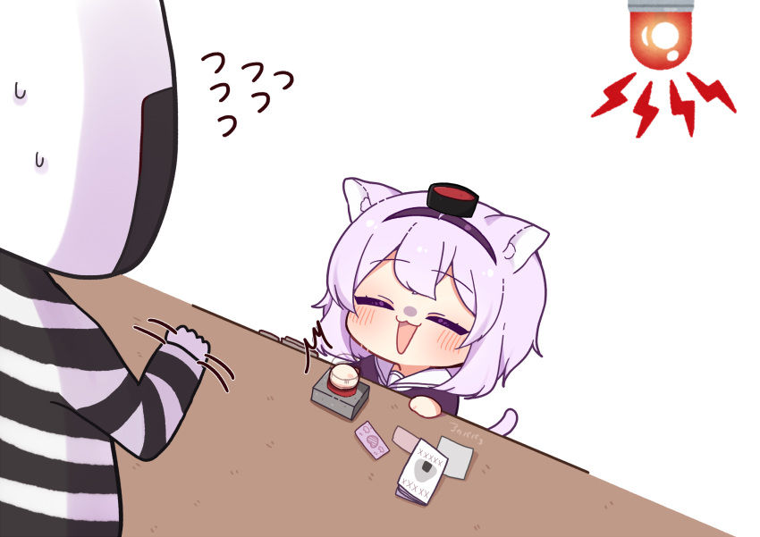 0725akaba 1girl 1other ahoge animal_ear_fluff animal_ears black_hairband black_shirt blush cat_ears cat_girl cat_tail chibi closed_eyes flying_sweatdrops food food_on_face hairband highres hololive motion_lines nekomata_okayu onigirya_(nekomata_okayu) open_mouth prison_clothes purple_hair push-button rotating_light sailor_collar shirt signature simple_background solo_focus striped striped_shirt sweat tail upper_body v-shaped_eyebrows virtual_youtuber white_background white_sailor_collar