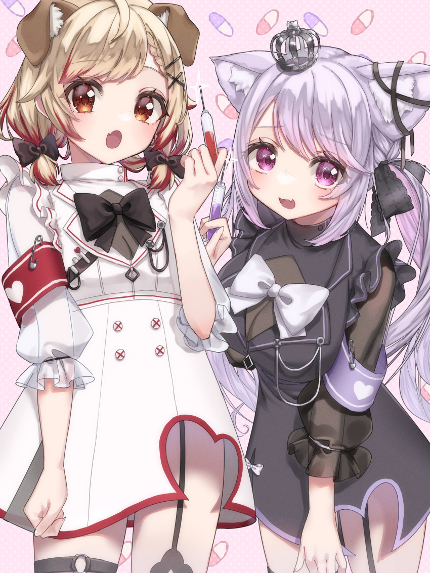 2girls :o absurdres ahoge alternate_costume animal_ears armband black_bow black_dress black_ribbon black_thighhighs blush bow breasts brown_eyes brown_hair buttons cat_ears cat_girl commentary_request cowboy_shot crown dog_ears dog_tail dress ear_ribbon fang flat_chest garter_straps glint hair_bow heart highres holding holding_syringe ina_uruu large_breasts long_hair looking_at_viewer low_twintails mini_crown multicolored_hair multiple_girls nanashi_inc. nurse open_mouth paid_reward_available pill pink_background pink_eyes pink_hair purple_hair red_hair ribbon seshima_rui skin_fang smile streaked_hair syringe tail tamotsu_(mary) thighhighs twintails two-tone_hair virtual_youtuber white_bow white_dress