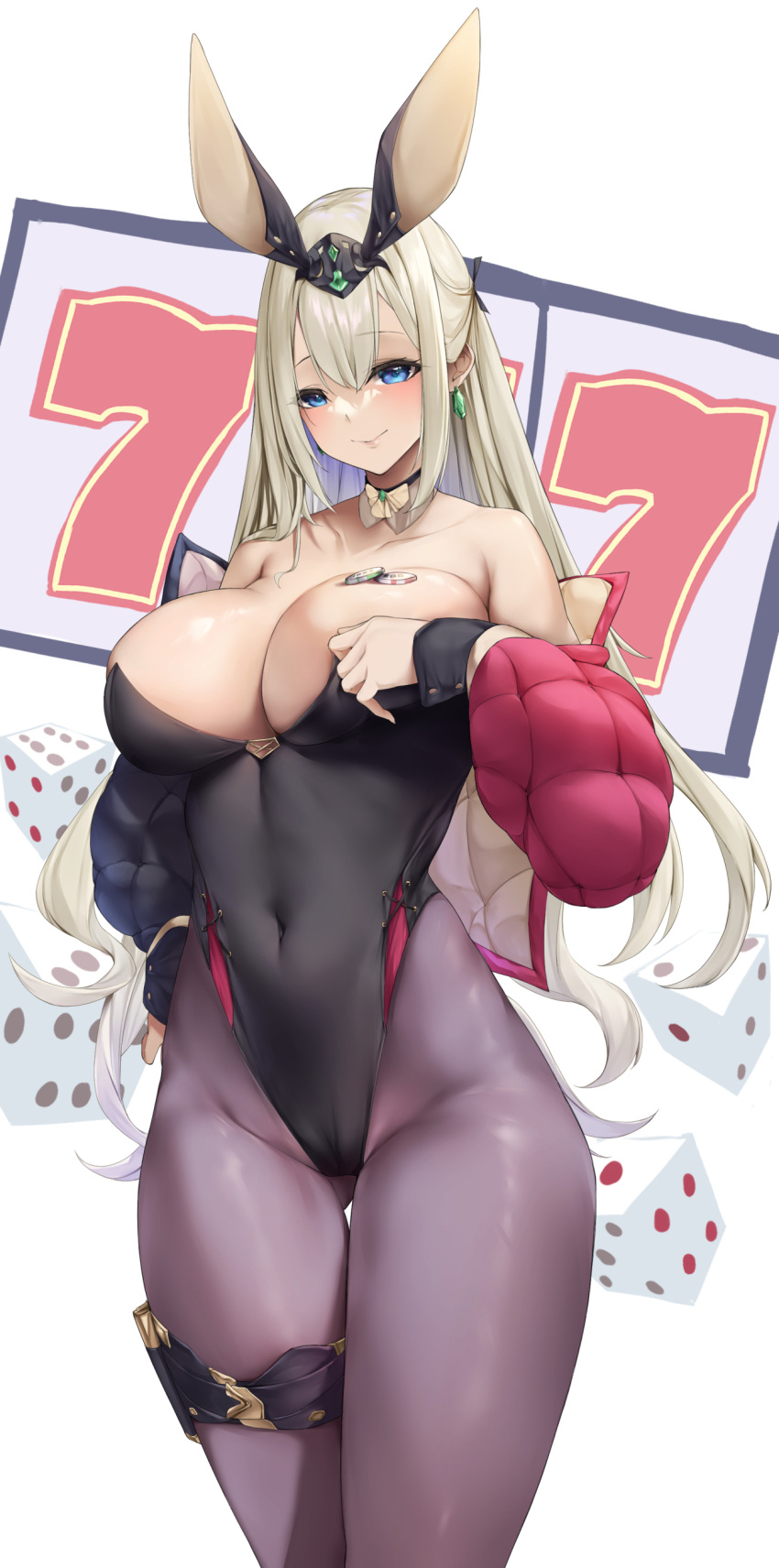 1girl absurdres blonde_hair blue_eyes breasts closed_mouth covered_navel cropped_jacket earrings highres jacket jewelry kerberos_blade large_breasts long_hair long_sleeves looking_at_viewer open_clothes open_jacket playboy_bunny slot_machine smile solo standing zah_takara
