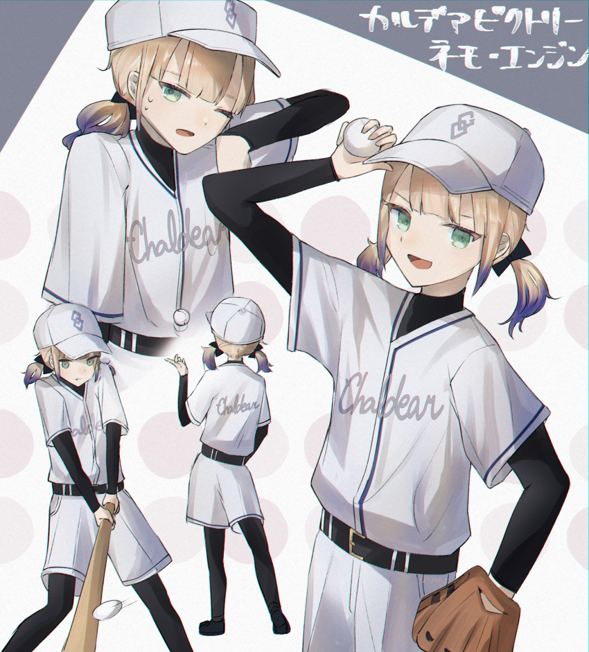 1girl absurdres baseball baseball_bat baseball_mitt baseball_uniform belt black_footwear black_leggings black_undershirt blonde_hair commentary engineer_nemo_(fate) fate/grand_order fate_(series) green_eyes highres holding holding_baseball_bat leggings nemo_(fate) open_mouth polka_dot polka_dot_background shirt short_twintails shorts solo sportswear sweat sweatdrop tikako117 twintails undershirt white_headwear white_shirt white_shorts