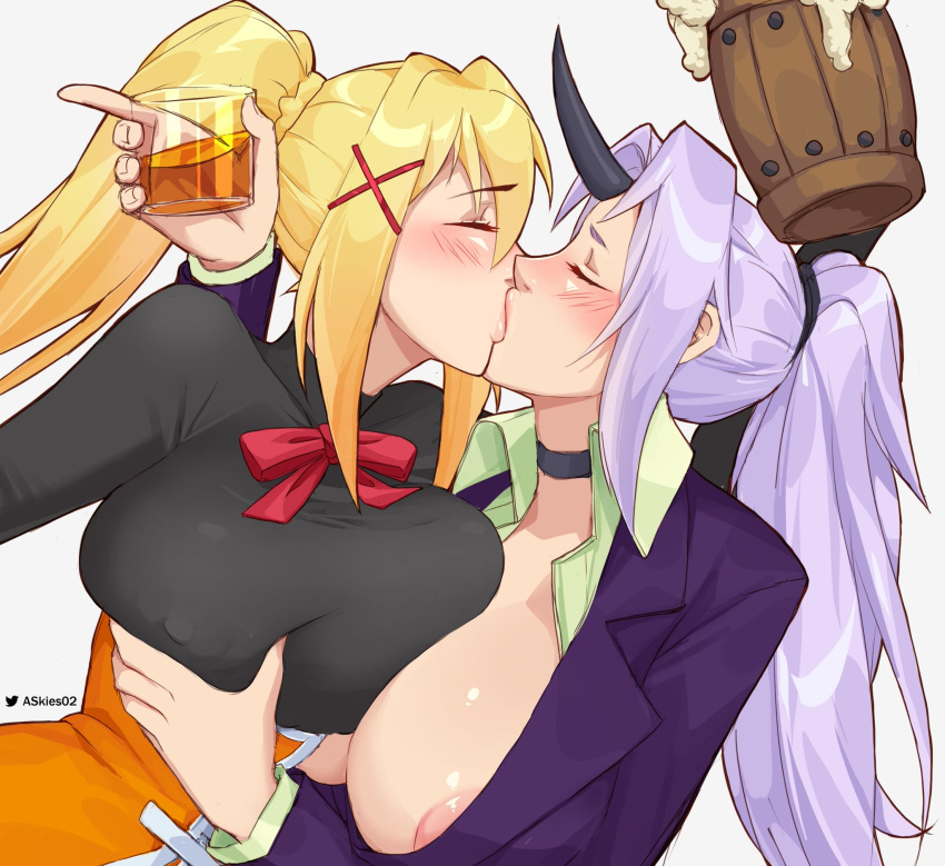 2girls alcohol allen_skies artist_name blonde_hair blush breast_grab breast_press breasts choker closed_eyes crossover darkness_(konosuba) drunk formal grabbing grey_background hair_ornament highres horns huge_breasts kiss kono_subarashii_sekai_ni_shukufuku_wo! long_hair multiple_girls nipples no_bra ponytail purple_hair shion_(tensei_shitara_slime_datta_ken) single_horn suit tensei_shitara_slime_datta_ken x_hair_ornament yuri