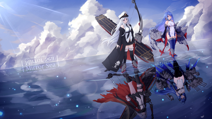 4girls absurdres azur_lane black_coat black_gloves black_necktie black_scarf black_skirt black_thighhighs blue_hair blue_thighhighs bow_(weapon) breasts coat code_g_(azur_lane) compound_bow copyright_name dark_persona different_reflection elbow_gloves english_commentary enterprise_(azur_lane) flight_deck gloves hat helena_(azur_lane) helena_(meta)_(azur_lane) helena_(retrofit)_(azur_lane) highres holding holding_bow_(weapon) holding_weapon kyl490 large_breasts long_hair long_sleeves medium_breasts multiple_girls necktie open_clothes open_coat peaked_cap pelvic_curtain purple_eyes red_eyes reflection reflective_water rigging scarf skirt standing standing_on_liquid thighhighs very_long_hair water weapon white_hair white_headwear zettai_ryouiki