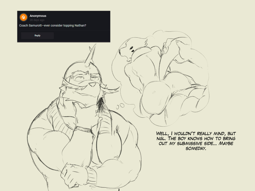 abs absurd_res anal anal_penetration anthro ask_blog buizel coach_sam_(zourik) duo generation_4_pokemon generation_5_pokemon hi_res line_art male male/male mammal muscular muscular_male nathan_(zourik) nintendo penetration pokemon pokemon_(species) samurott zourik