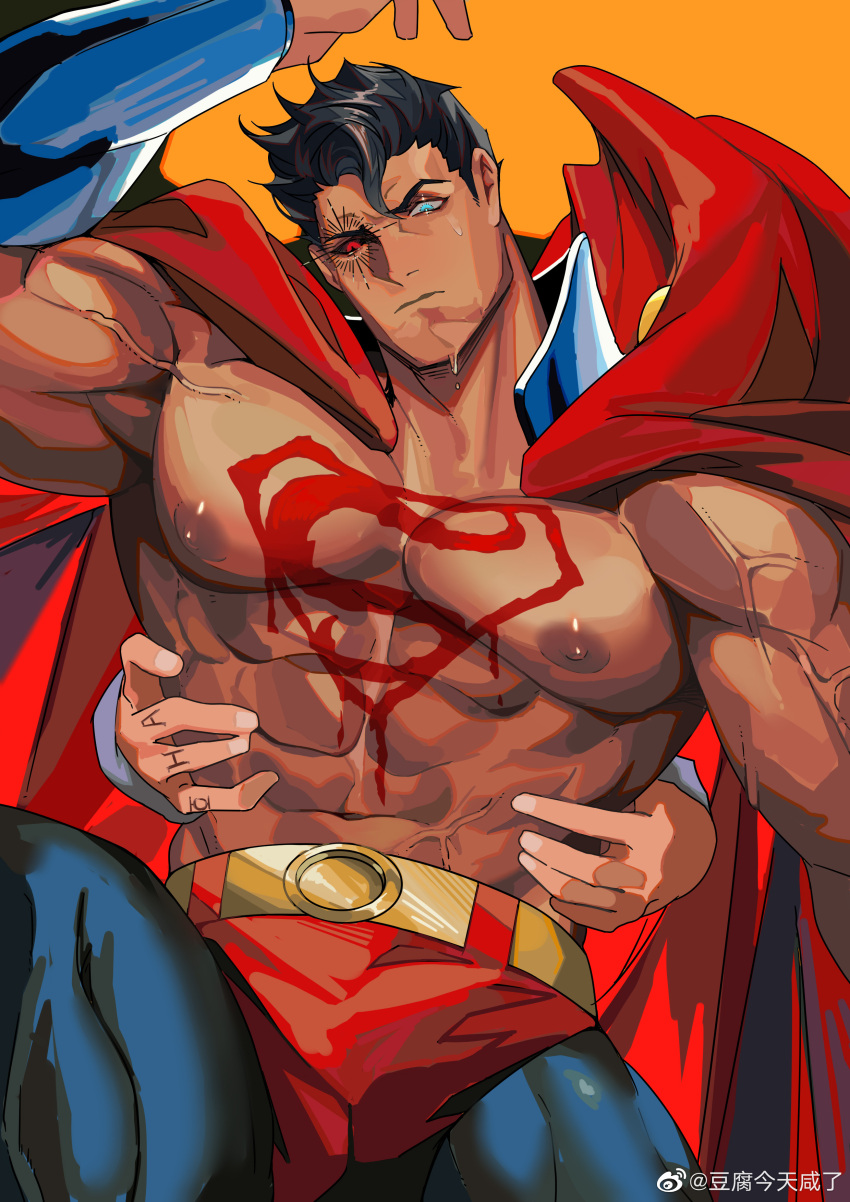 1boy abs absurdres alternate_skin_color arm_up bara bodysuit cape clark_kent corruption dark-skinned_male dark_skin dc_comics doufujintianxianle hands_on_another's_hips head_tilt heterochromia highres large_areolae large_pectorals male_focus mature_male mismatched_sclera muscular muscular_male nipples no_shirt pectorals red_cape short_hair sideburns solo_focus stomach superman superman_(series) superman_logo sweat thick_eyebrows thighs veins veiny_arms veiny_crotch
