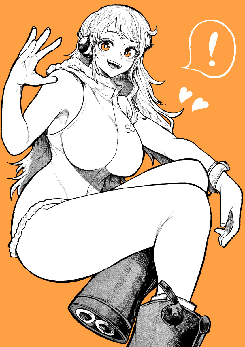 ! 1girl absurdres arm_tattoo armpits bare_legs blush boots bracelet breasts commentary foot_out_of_frame fur-trimmed_leotard greyscale_with_colored_background headphones heart highres jewelry large_breasts leotard log_pose long_hair looking_at_viewer nami_(one_piece) official_alternate_costume one_piece open_mouth orange_eyes science_fiction simple_background smile solo spoken_exclamation_mark spot_color swept_bangs tattoo thighs waving yotsumi_shiro