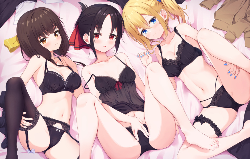 3girls alternate_breast_size black_bra black_hair black_panties blonde_hair blue_eyes blush bra breasts brown_hair feet garter_belt garter_straps hair_ribbon hayasaka_ai highres iino_miko kaguya-sama_wa_kokurasetai_~tensai-tachi_no_renai_zunousen~ linea_alba lingerie long_hair looking_at_viewer medium_breasts miso_(misomiso_154) multiple_girls nail_polish navel on_bed open_mouth panties pussy red_eyes ribbon shinomiya_kaguya side_ponytail small_breasts smile spread_pussy thighs underwear yellow_eyes