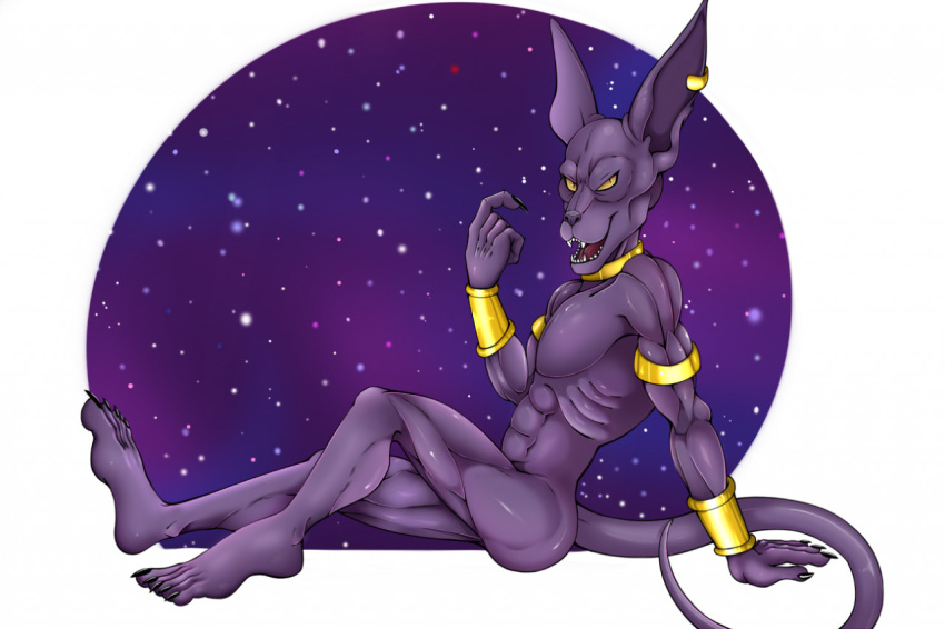 2021 abs anthro beerus bracelet claws domestic_cat dragon_ball dragon_ball_super ear_piercing ears_up fangs felid feline felis jewelry jewelry_only looking_at_viewer male mammal marcushunter muscular muscular_anthro muscular_male necklace nude open_mouth piercing side_view sitting sky smile smiling_at_viewer solo star starry_sky teeth toe_claws tongue yellow_eyes