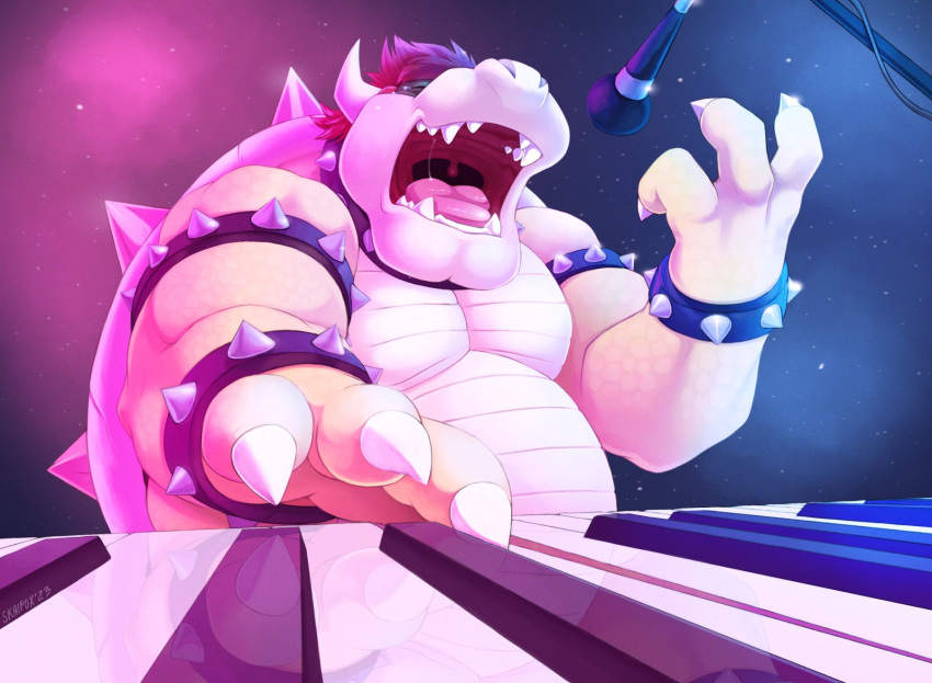 2023 anthro armband belly big_belly big_muscles black_background bodily_fluids bowser bracelet claws collar eyebrows eyes_closed fog hair hi_res horn illumination_entertainment jewelry keyboard_instrument koopa male mario_bros microphone musclegut muscular muscular_anthro muscular_male musical_instrument nintendo nude open_mouth pecs piano playing_music saliva scalie shell signature simple_background singing skaifox solo spiked_armband spiked_bracelet spiked_collar spiked_shell spikes spikes_(anatomy) tears teeth the_super_mario_bros_movie tongue