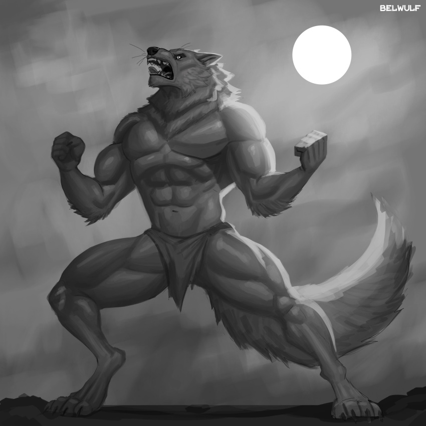 2023 abs absurd_res anthro artist_name belwulf biceps biped bottomwear canid canine clothing digital_media_(artwork) digitigrade eyebrows full_moon fur greyscale hi_res loincloth male mammal monochrome moon muscular muscular_anthro muscular_male muscular_thighs navel night open_mouth outside pecs pose quads sky solo tail teeth thick_thighs tongue were werecanid werecanine werewolf whiskers