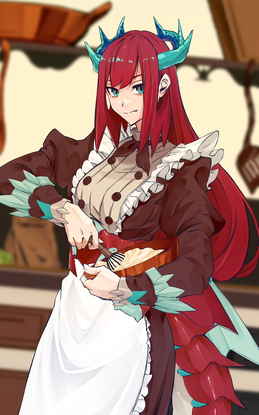 1girl absurdres apron blue_eyes bowl dragon_girl dragon_horns dragon_tail dress duel_monster frilled_apron frills highres holding holding_bowl holding_whisk horns juliet_sleeves kitchen kitchen_dragonmaid long_hair long_sleeves maid mixing_bowl puffy_sleeves red_hair siginjai solo spatula tail whisk yu-gi-oh!