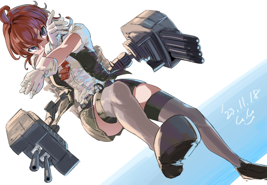 1girl ahoge arashi_(kancolle) ascot asymmetrical_hair black_vest cannon dated depth_charge full_body gegeron gloves grey_thighhighs highres kantai_collection kerchief machinery messy_hair neck_ribbon neckerchief pleated_skirt red_ascot red_hair ribbon rigging school_uniform searchlight shirt short_sleeves signature skirt solo thighhighs torpedo_tubes vest white_background white_gloves white_shirt