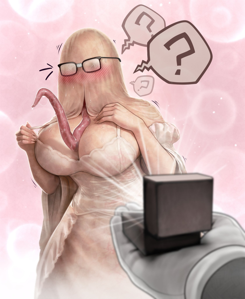 2023 5_fingers ambiguous_gender anthro between_breasts big_breasts blush bodily_fluids box breasts broken_glasses clothed clothing container corset derek_hetrick dress emanata eyewear female fingers glasses gloves handwear hi_res humanoid lingerie long_tongue monster monstrous_humanoid nails not_furry proposal question_mark saliva saliva_on_tongue saliva_string secretary_(derek_hetrick) sharp_nails simple_background solo speech_bubble stained_clothing tongue tongue_out topwear vein