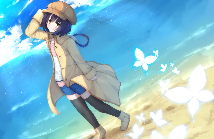 1girl absurdres arm_at_side arm_up beach black_thighhighs blue_butterfly blue_shorts blue_sky blush boots brown_coat brown_footwear brown_headwear bug butterfly closed_mouth cloud coat commentary_request dutch_angle feet_out_of_frame flat_chest folded_ponytail glowing_butterfly hair_between_eyes head_tilt highres light_particles long_sleeves looking_at_viewer medium_hair nanami_(summer_pockets) nodoameyatou ocean open_clothes open_coat shorts sky smile solo standing summer_pockets thighhighs yellow_eyes zettai_ryouiki