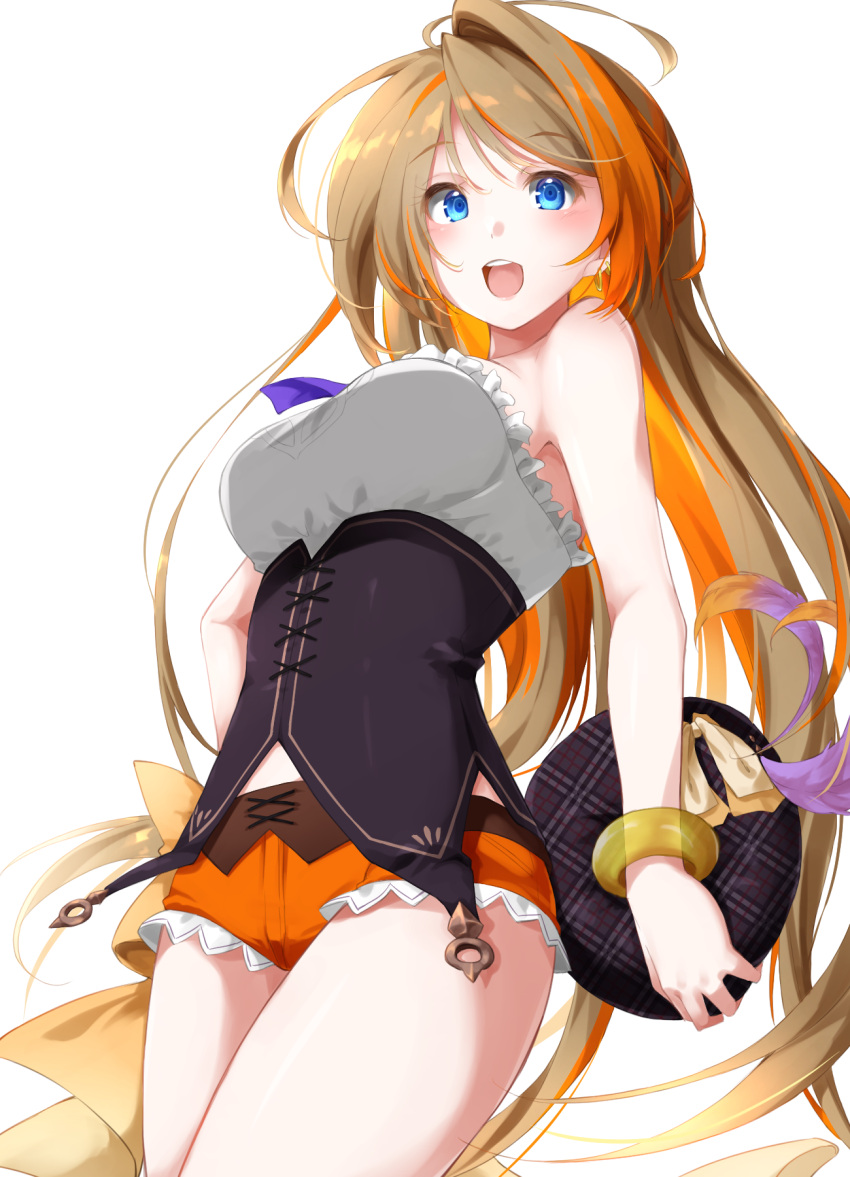 1girl ahoge bare_shoulders black_headwear blue_eyes bow breasts brown_hair corset earrings frilled_shirt frills fuyuno_taka hat highres hiyoku_no_crosspiece holding holding_clothes holding_hat jewelry large_breasts light_brown_hair long_hair looking_at_viewer midriff_peek multicolored_hair nanashi_inc. necktie open_mouth orange_hair orange_shorts parted_bangs plaid_headwear purple_necktie shirt short_shorts shorts simple_background smile solo strapless strapless_shirt streaked_hair teeth touri_sei transparent_background upper_teeth_only very_long_hair virtual_youtuber white_shirt yellow_bow