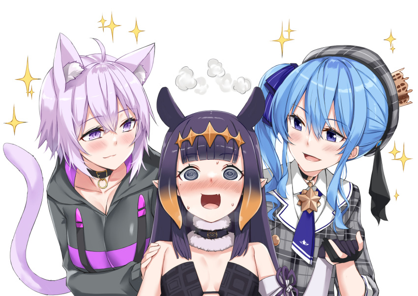 3girls @_@ ahoge animal_ear_fluff animal_ears asymmetrical_hair beret black_collar black_dress black_gloves black_hoodie blue_choker blue_eyes blue_hair blue_necktie blunt_bangs blush breasts cat_ears cat_girl cat_tail choker closed_mouth collar collared_shirt commentary crown detached_collar detached_sleeves dress extra_ears fang flat_chest fur-trimmed_collar gloves gradient_hair grey_headwear grey_jacket hair_between_eyes hand_on_another's_shoulder hat head_steam highres holding_hands hololive hololive_english hood hood_down hoodie hoshimachi_suisei hoshimachi_suisei_(1st_costume) jacket kosuke_(bb) light_blue_hair light_purple_hair long_hair long_sleeves looking_at_another medium_breasts mini_crown mole mole_under_eye multicolored_hair multiple_girls necktie nekomata_okayu nekomata_okayu_(1st_costume) ninomae_ina'nis ninomae_ina'nis_(1st_costume) open_mouth orange_hair plaid plaid_headwear plaid_jacket pointy_ears purple_eyes purple_hair shirt short_hair side_ponytail sidelocks simple_background single_sleeve skin_fang small_breasts smile sparkle star_(symbol) star_choker star_in_eye strapless strapless_dress symbol_in_eye tail tentacle_hair tilted_headwear tube_dress two-tone_hair upper_body virtual_youtuber white_background white_shirt wing_collar yuri