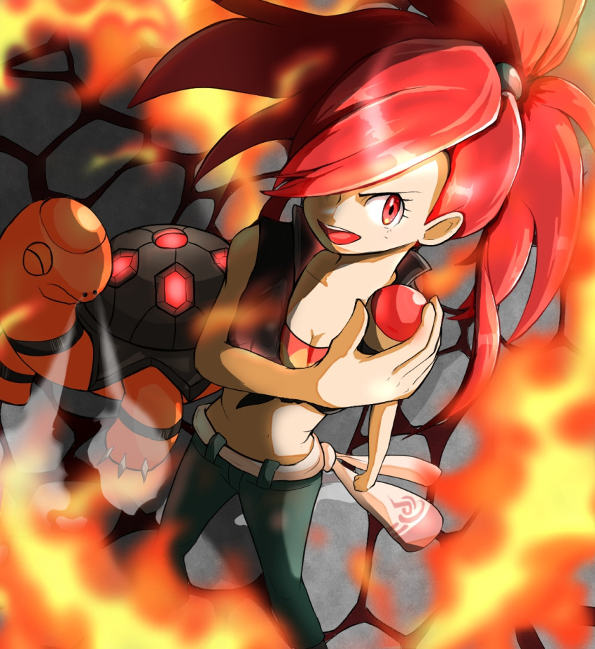 1girl bo_(bouillustration) breasts cleavage colored_skin fire flannery_(pokemon) hair_over_one_eye highres holding holding_poke_ball midriff navel open_mouth orange_skin poke_ball poke_ball_(basic) pokemon pokemon_(creature) pokemon_oras red_eyes red_hair standing steam torkoal