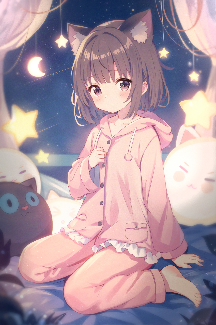 1girl absurdres animal_ears arm_support blush brown_eyes brown_hair closed_mouth curtains highres kinoshita_ringo_(ryve5758) looking_at_viewer night night_sky original pajamas short_hair sitting sky star_(symbol) stuffed_toy wariza window