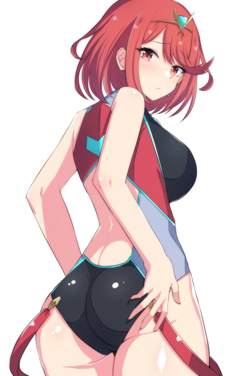 1girl absurdres ass backless_swimsuit bangs bare_arms blush breasts closed_mouth from_behind highres large_breasts latte looking_at_viewer official_alternate_costume one-piece_swimsuit pyra_(pro_swimmer)_(xenoblade) pyra_(xenoblade) short_hair simple_background solo swept_bangs swimsuit two-tone_swimsuit upper_body white_background xenoblade_chronicles_(series) xenoblade_chronicles_2