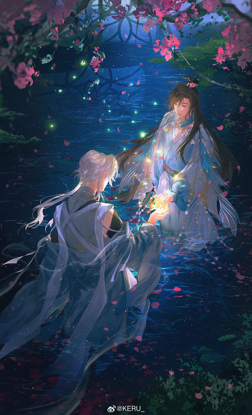 2boys absurdres black_hair bug chinese_clothes falling_petals firefly glowing hair_bun hanfu high_ponytail highres keru_(artist) looking_at_another male_focus multiple_boys original outdoors petals single_hair_bun wading water white_hair