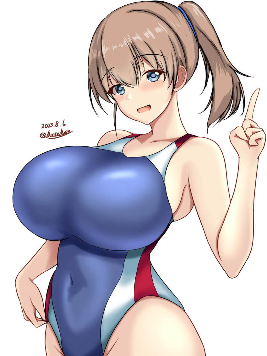 1girl blue_eyes blue_one-piece_swimsuit blush breasts brown_hair competition_swimsuit covered_navel cowboy_shot dated hair_between_eyes high_side_ponytail highleg highleg_swimsuit highres impossible_clothes impossible_swimsuit intrepid_(kancolle) kantai_collection large_breasts looking_at_viewer montemasa multicolored_clothes multicolored_swimsuit one-hour_drawing_challenge one-piece_swimsuit open_mouth ponytail short_hair simple_background smile solo swimsuit twitter_username two-tone_swimsuit white_background