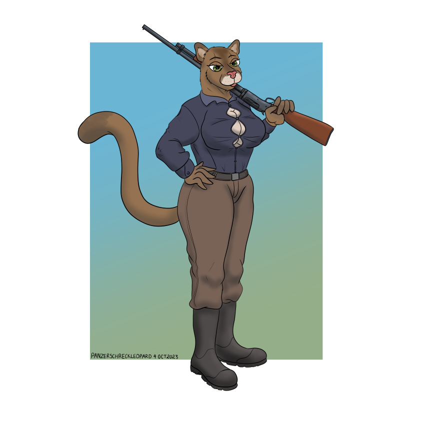 2023 absurd_res anthro belt blue_clothing breasts brown_body brown_clothing brown_fur button_(fastener) cleavage clothed clothing colored cougar dipstick_ears dipstick_tail dress_shirt felid feline female fur gradient_background green_eyes gun gun_on_shoulder hand_on_hip hi_res looking_at_viewer mammal markings multicolored_ears panzerschreckleopard ranged_weapon shirt shotgun simple_background solo straining_buttons tail tail_markings tan_body tan_fur topwear weapon winchester_1897