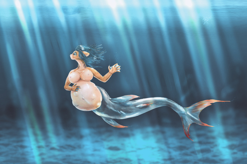 belly big_belly big_eyes blue_hair breasts felid feline female fin fish hair hi_res hybrid indigobx mammal marine membrane_(anatomy) merfolk pregnant sea solo split_form swimming underwater water