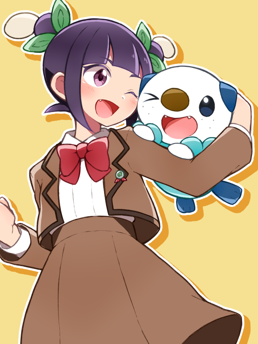 1girl ;d blush border bow bowtie brown_jacket brown_skirt character_request clenched_hand commentary_request fang green_ribbon hair_ribbon happy highres holding holding_pokemon jacket mijumaruko one_eye_closed open_clothes open_jacket open_mouth oshawott outline pokemon pokemon_(anime) pokemon_(creature) pokemon_horizons purple_eyes purple_hair red_bow red_bowtie ribbon school_uniform shirt skirt smile tongue two_side_up white_border white_shirt yellow_background