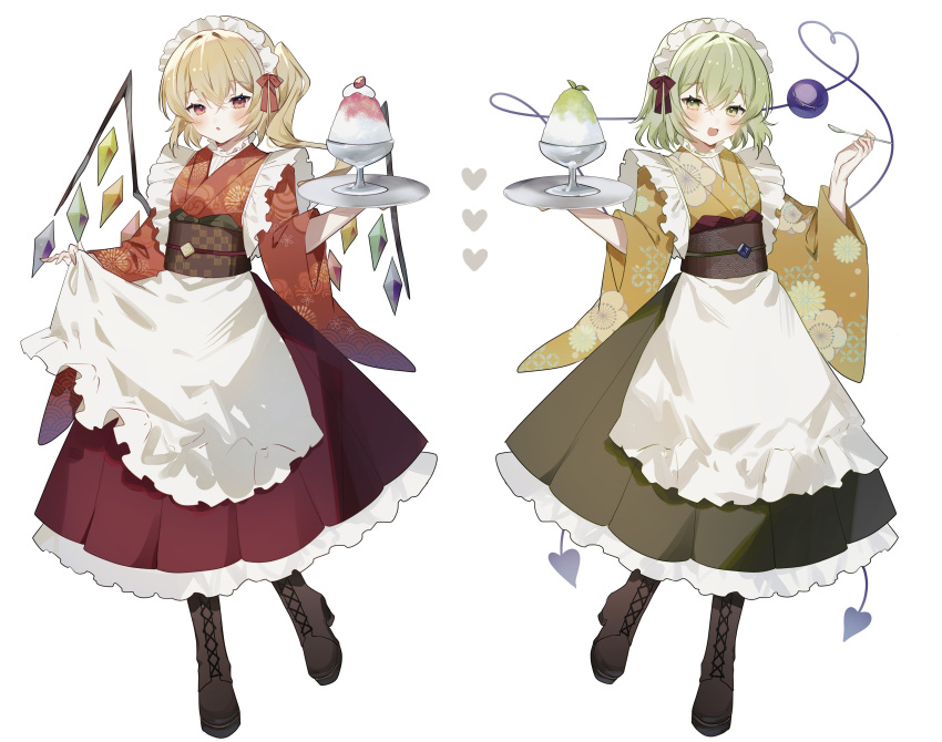 2girls absurdres apron blonde_hair boots dress flandre_scarlet food fruit green_dress green_eyes green_hair heart highres holding holding_spoon holding_tray komeiji_koishi long_hair long_sleeves looking_at_viewer maid maid_apron maid_headdress medium_hair multiple_girls open_mouth red_dress red_eyes shaved_ice side_ponytail simple_background sorani_(kaeru0768) spoon standing standing_on_one_leg strawberry tail touhou tray white_background wings