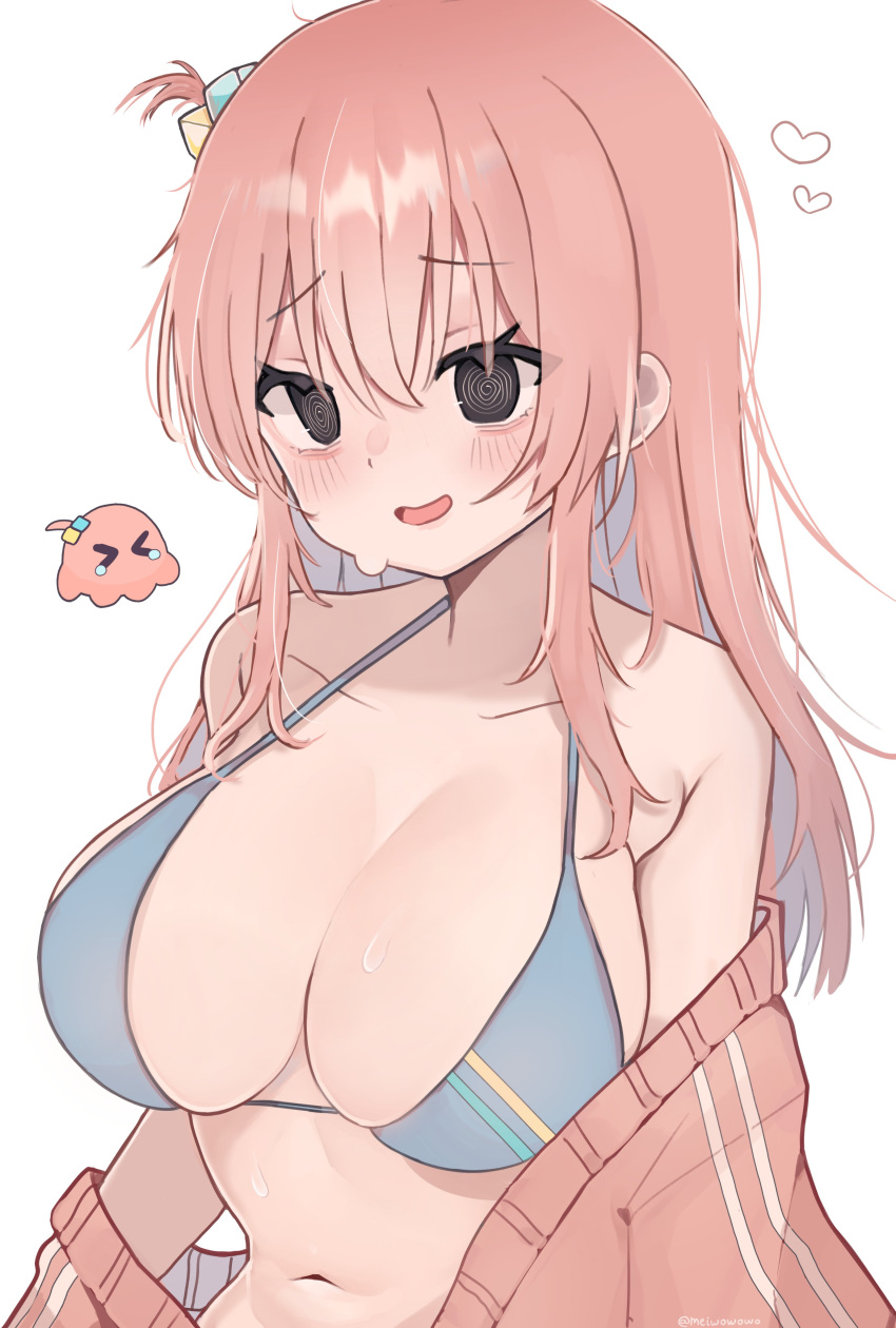 1girl @_@ absurdres armpit_crease artist_name bare_shoulders bikini black_eyes blush bocchi_the_rock! breasts cleavage collarbone commentary cube_hair_ornament gotou_hitori gotou_hitori_(octopus) grey_bikini hair_between_eyes hair_ornament heart highres huge_breasts jacket jacket_partially_removed long_bangs long_hair looking_at_viewer meiwowowo navel one_side_up open_clothes open_jacket open_mouth pink_hair pink_jacket simple_background smile solo stomach sweat sweatdrop swimsuit track_jacket twitter_username upper_body white_background