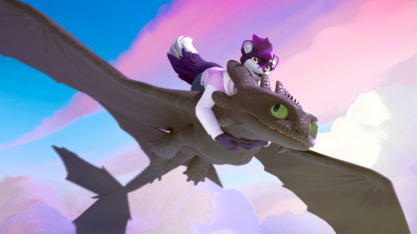 16:9 3d_(artwork) 4k absurd_res anthro blender_(software) blender_cycles canid canine colorful colorful_background digital_media_(artwork) dragon dreamworks duo female feral flying fox hi_res how_to_train_your_dragon itsjag jag male male/female mammal riding_on_back toothless vrchat_model widescreen