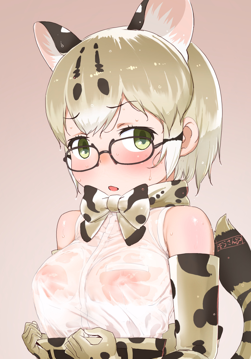 1girl animal_ear_fluff animal_ears bare_shoulders black-framed_eyewear blonde_hair bow bowtie breasts brown_background cat_ears cat_girl cat_tail commentary_request elbow_gloves extra_ears glasses gloves green_eyes highres kemono_friends looking_at_viewer margay_(kemono_friends) margay_print masuyama_ryou medium_breasts nipples no_bra open_mouth print_bow print_bowtie print_gloves see-through see-through_shirt shirt short_hair simple_background sleeveless sleeveless_shirt solo tail upper_body white_shirt