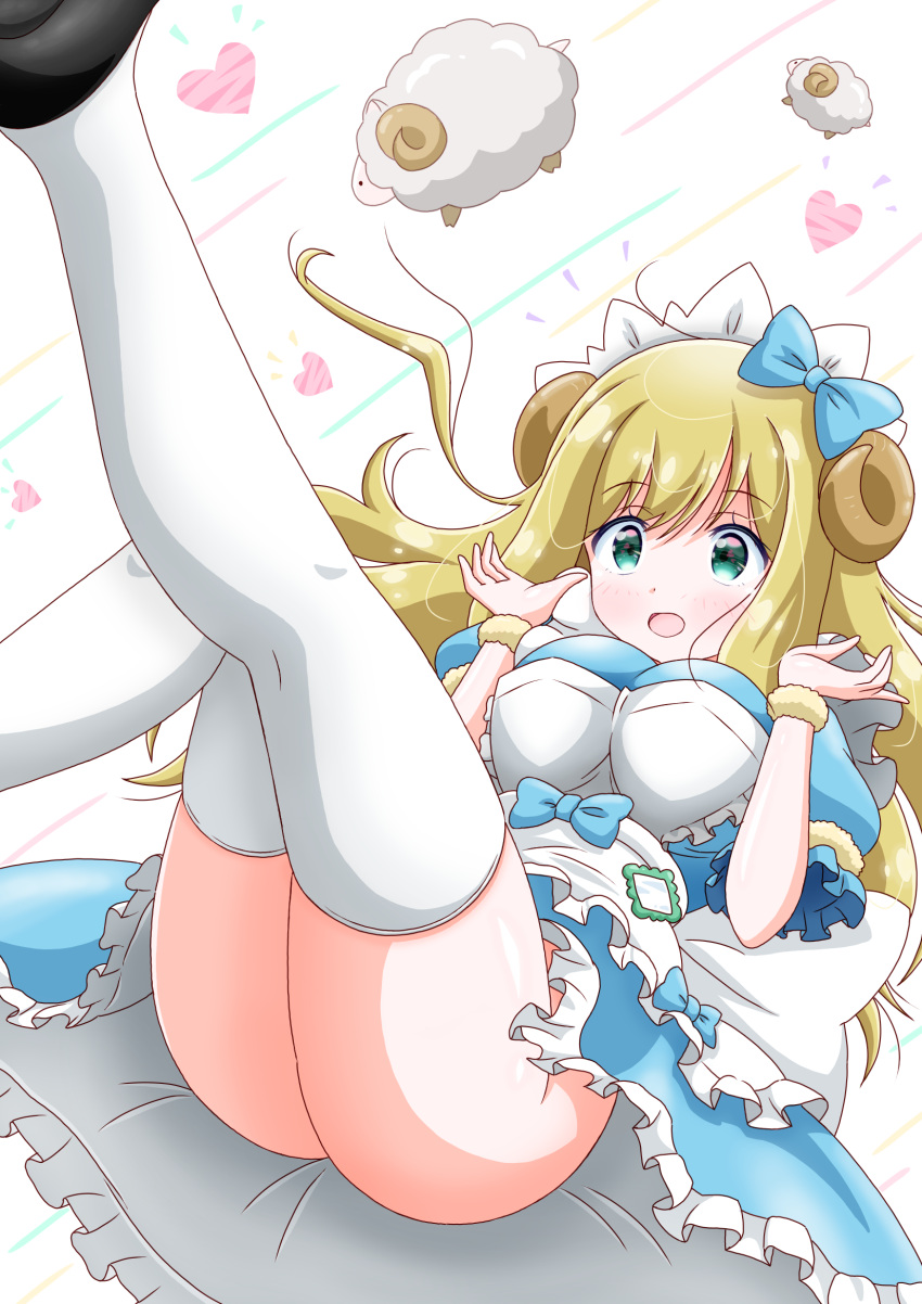 1girl akiba_maid_sensou ass blonde_hair blush breasts fake_horns green_eyes heart highres horns imai_kazunari kaoruko_(akiba_maid_sensou) large_breasts long_hair looking_at_viewer maid maid_headdress no_panties open_mouth sheep sheep_horns smile solo thighhighs white_thighhighs