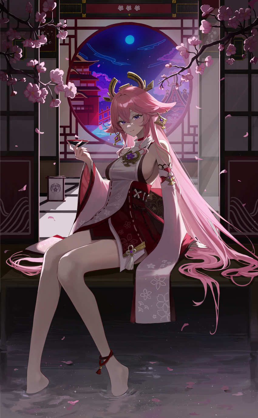 1girl absurdres animal_ears bare_legs bare_shoulders barefoot bowl breasts closed_mouth commentary crossed_bangs detached_sleeves earrings fox_ears full_body genshin_impact hair_between_eyes hakama highres holding holding_bowl japanese_clothes jewelry legs long_hair looking_at_viewer nontraditional_miko pink_hair purple_eyes red_skirt shirt shupami sideboob sitting skirt sleeveless sleeveless_shirt smile soaking_feet solo turtleneck very_long_hair white_shirt white_sleeves wide_sleeves yae_miko