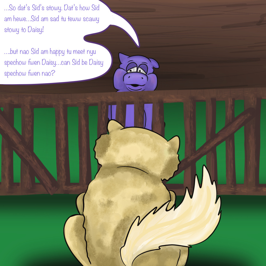 1:1 baby_talk cuddlybloodily dialogue duo english_text female feral fluffy_pony fluffy_pony_(species) fur grass hi_res male mammal picket_fence plant purple_body purple_fur shadow text yellow_body yellow_fur