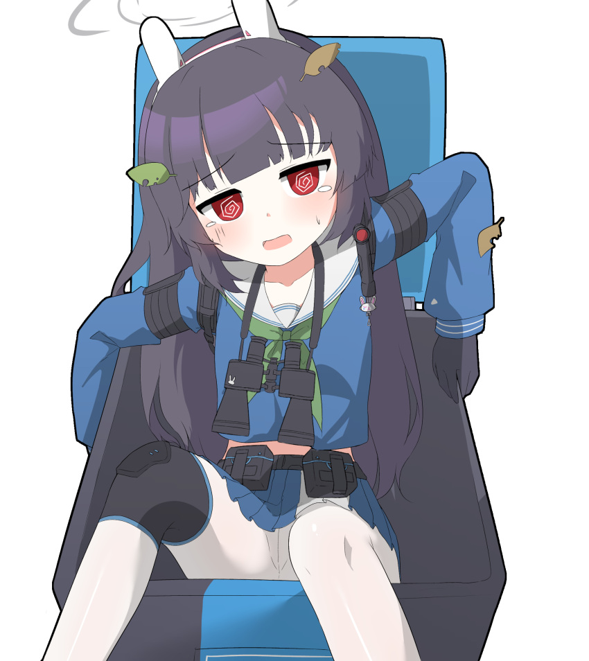 1girl @_@ ahoge animal_ears black_gloves black_hair blue_archive blue_serafuku blush bolt_action fake_animal_ears gloves green_neckerchief gun hagoonha halo headband highres in_container knee_pads leaf leaf_on_head long_hair long_sleeves looking_at_viewer miyu_(blue_archive) mosin-nagant neckerchief no_shoes pantyhose parted_lips pink_eyes puffy_long_sleeves puffy_sleeves rabbit_ears rifle sailor_collar school_uniform serafuku shoes sidelocks single_knee_pad sitting sneakers solo tearing_up weapon