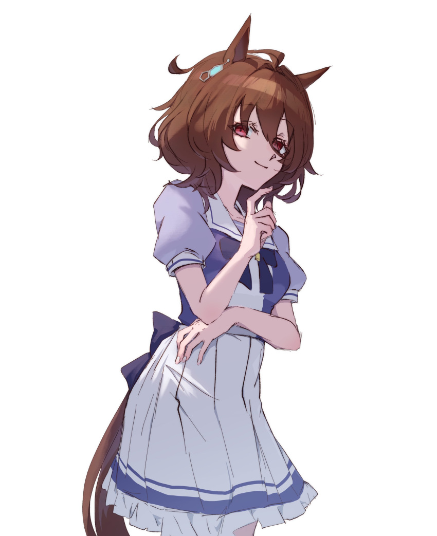 1girl absurdres agnes_tachyon_(umamusume) ahoge animal_ears bow bowtie breasts brown_hair closed_mouth cowboy_shot earrings hair_between_eyes hand_up highres horse_ears horse_girl horse_tail jewelry looking_at_viewer purple_shirt red_eyes sailor_collar school_uniform shirt short_hair short_sleeves simple_background single_earring skirt small_breasts smile solo tail tracen_school_uniform umamusume watou white_background white_skirt
