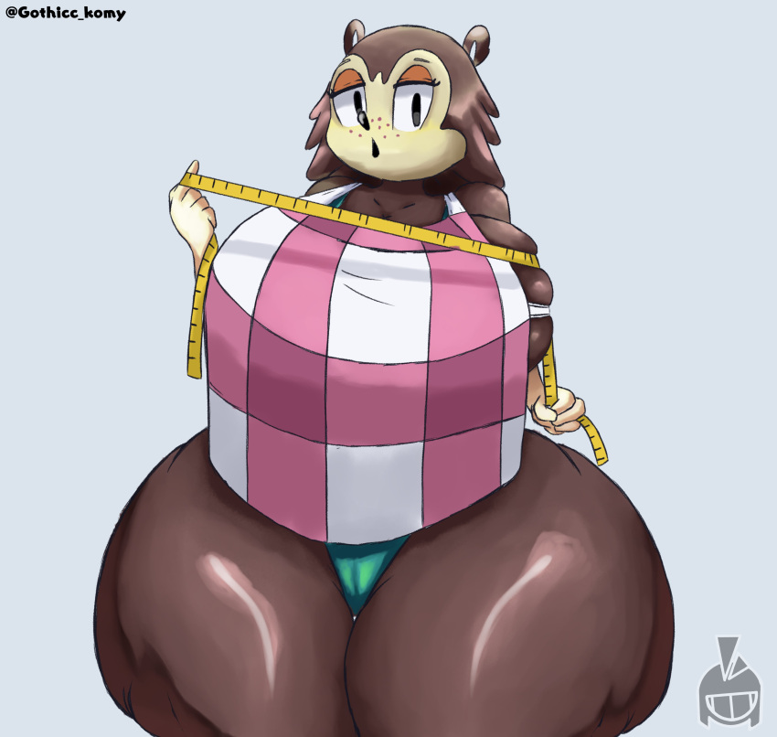 absurd_res animal_crossing anthro apron big_breasts black_eyes breasts brown_body clothing eulipotyphlan female gothicc hedgehog hi_res huge_breasts huge_hips huge_thighs mammal nintendo open_mouth sable_able solo tape_measure thick_thighs thong underwear wide_hips
