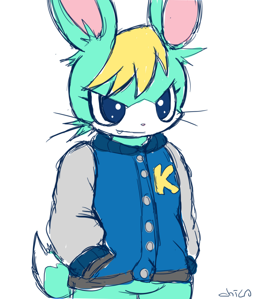 2021 absurd_res animal_crossing anthro blonde_hair blue_eyes bottomless bottomless_male chico clothed clothing cute_fangs featureless_crotch fur glare green_body green_fur hair hand_in_pocket hi_res jacket kemono lagomorph leporid letterman_jacket male mammal narrowed_eyes nintendo pockets rabbit sasha_(animal_crossing) scut_tail short_tail simple_background smile solo tail topwear whiskers white_background