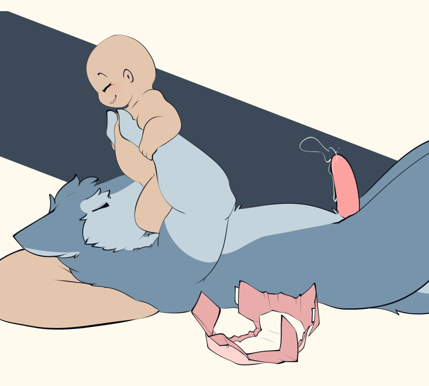 anthro baby bald battler bodily_fluids child diaper discarded_diaper duo erection eyes_closed female genital_fluids genitals hi_res holding_partner human leaking_precum lying male male/female mammal nude on_back oral penis pillow precum sergal smile young