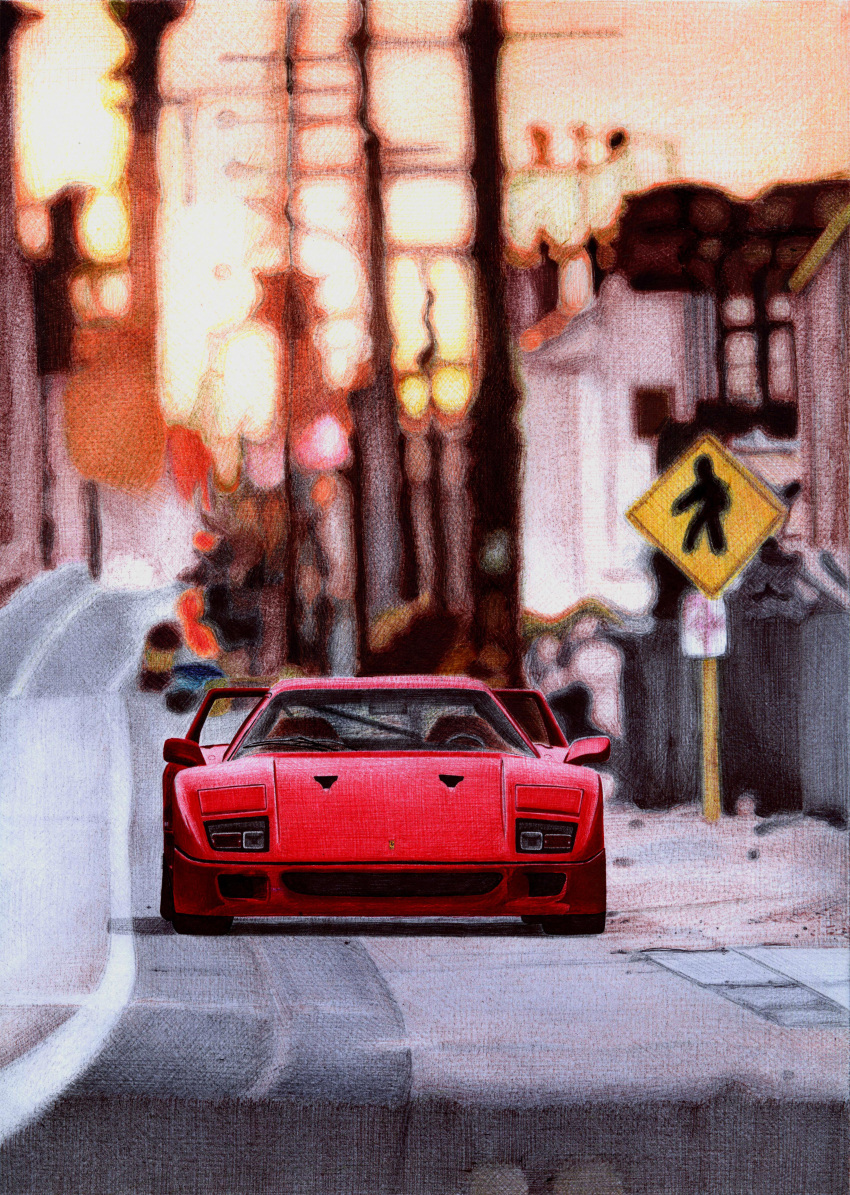 absurdres ballpoint_pen_(medium) blurry blurry_background car english_commentary ferrari ferrari_f40 highres motor_vehicle no_humans original outdoors pavlo_scherbatyuk road road_sign shadow sign sports_car traditional_media vehicle_focus