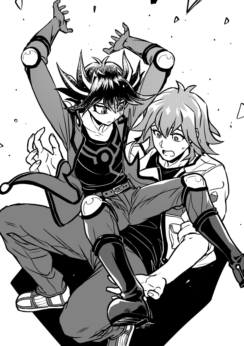 2boys :o absurdres arms_up belt black_hair black_shirt boots bruno_(yu-gi-oh!) catching elbow_pads facial_tattoo falling fudou_yuusei glass_shards gloves greyscale high_collar highres jacket knee_pads knees_up male_focus monochrome multiple_boys open_clothes open_jacket outstretched_arms pants screentones shadow shirt shoes short_hair simple_background sleeves_rolled_up sneakers spiked_hair surprised sweatdrop tattoo worried youko-shima yu-gi-oh! yu-gi-oh!_5d's