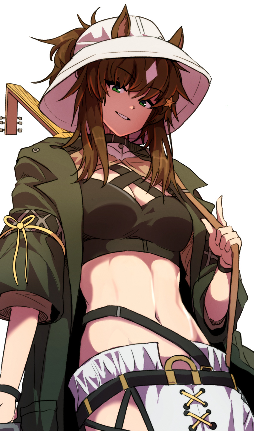 1girl abs absurdres animal_ears arknights black_bra bra breasts brown_hair cleavage coat commentary cowboy_shot criss-cross_halter ears_through_headwear english_commentary fedora green_coat green_eyes hair_ornament halterneck hat highres hip_vent horse_ears instrument instrument_on_back long_hair looking_at_viewer lute_(instrument) medium_breasts meteor_(arknights) meteor_(bard's_holiday)_(arknights) multicolored_hair navel official_alternate_costume open_clothes open_coat pants parted_lips ponytail samacho sidelocks simple_background smile solo sports_bra standing star_(symbol) star_hair_ornament stomach two-tone_hair underwear white_background white_hair white_headwear white_pants wristband