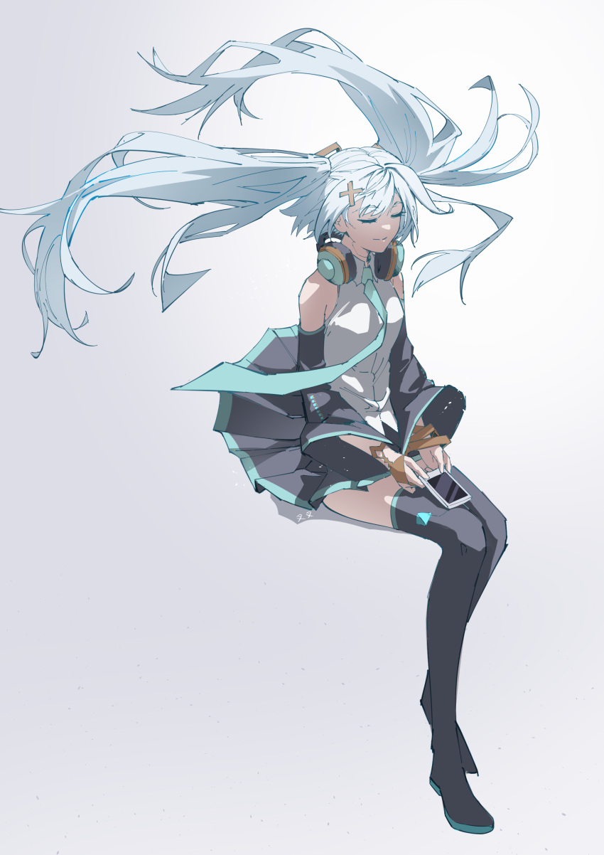 1girl absurdres aqua_necktie bare_shoulders black_skirt black_thighhighs cellphone chabuduohuawandecha chinese_commentary closed_eyes closed_mouth collared_shirt commentary_request cosplay detached_sleeves faruzan_(genshin_impact) floating_hair full_body genshin_impact hair_ornament hatsune_miku hatsune_miku_(cosplay) headphones headphones_around_neck highres holding holding_phone long_hair necktie phone pleated_skirt shirt simple_background skirt sleeveless sleeveless_shirt smartphone smile solo thighhighs twintails white_background white_hair white_shirt wide_sleeves x_hair_ornament