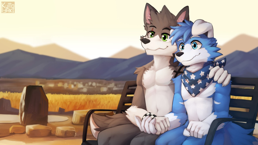 anthro arm_around_neck arm_tuft artist_name bench blue_body blue_eyes blue_fur blue_hair blue_kerchief blue_neckerchief canid cheek_tuft closed_smile duo elbow_tuft facial_tuft fur glistening glistening_eyes green_eyes grey_body grey_fur hair hand_holding head_tuft kerchief kuttoyaki male mammal mouth_closed narrowed_eyes neckerchief nude outside rock shoulder_tuft sitting sitting_on_bench tuft white_body white_fur