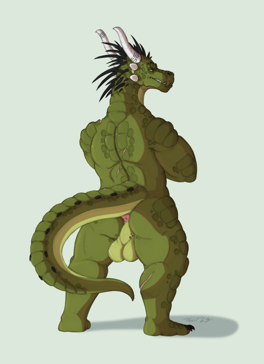 anthro anus butt crossed_arms digital_media_(artwork) green_body green_scales hi_res horn lizard male multicolored_body muscular muscular_anthro muscular_male presenting presenting_anus presenting_balls presenting_hindquarters raised_tail rear_view reptile scales scalie scar sillywerwolf solo spikes tail two_tone_body yellow_eyes